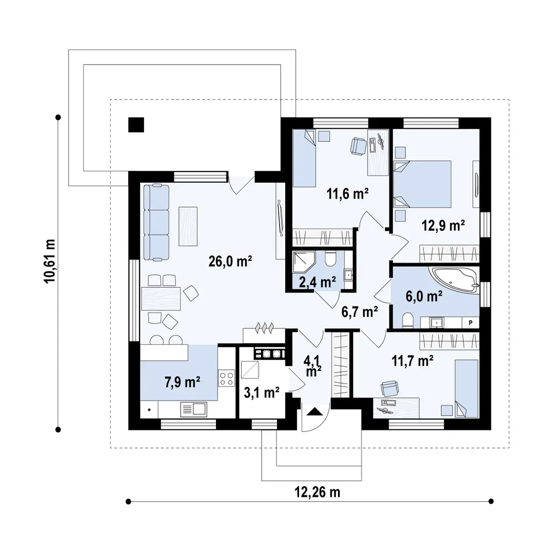 Sień – 4,1 m²
Hol – 6,7 m²
Łazienka – 2,4 m²
Pokój – 11,6 m²
Pokój – 12,9 m²
Łazienka – 6,0 m²
Pokój – 11,7 m²
Kuchnia – 7,9 m²
Pomieszczenie gospodarcze – 3,1 m²
Salon + jadalnia – 26,0 m²