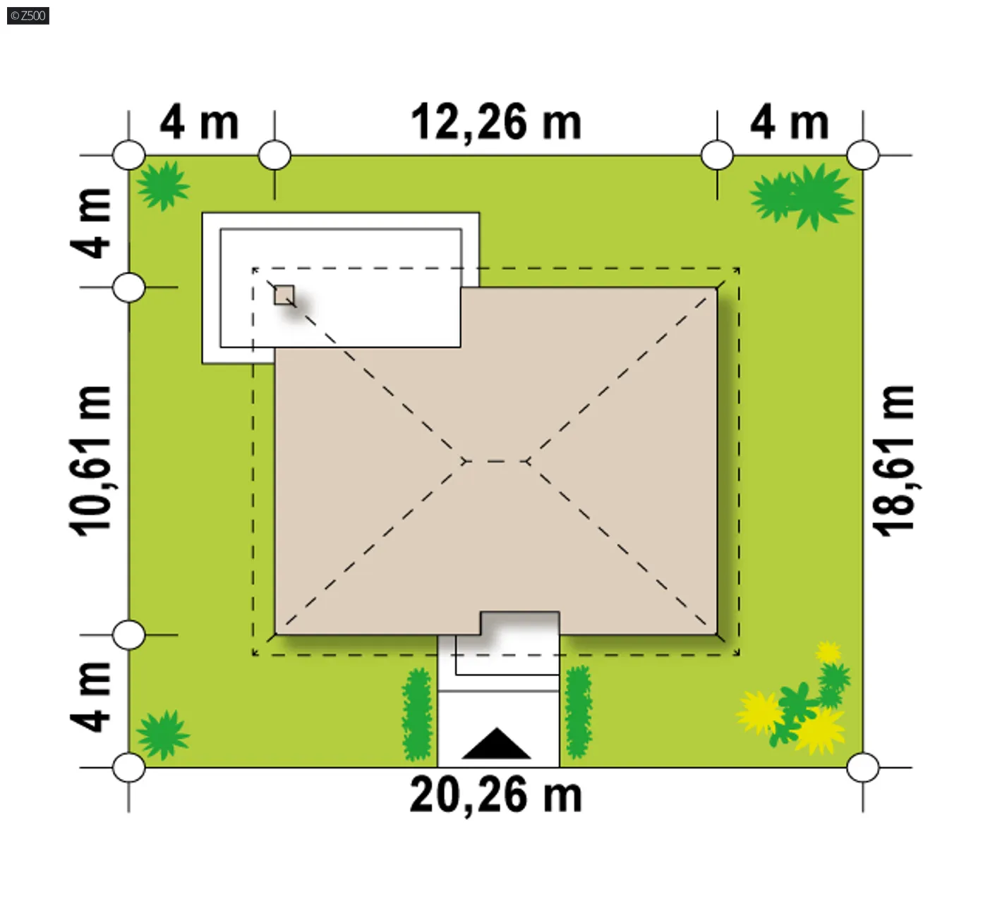 Minimalne wymiary działki
szerokość
20,26 m
długość
18,61 m
Wymiary elewacji frontowej
12,26 m