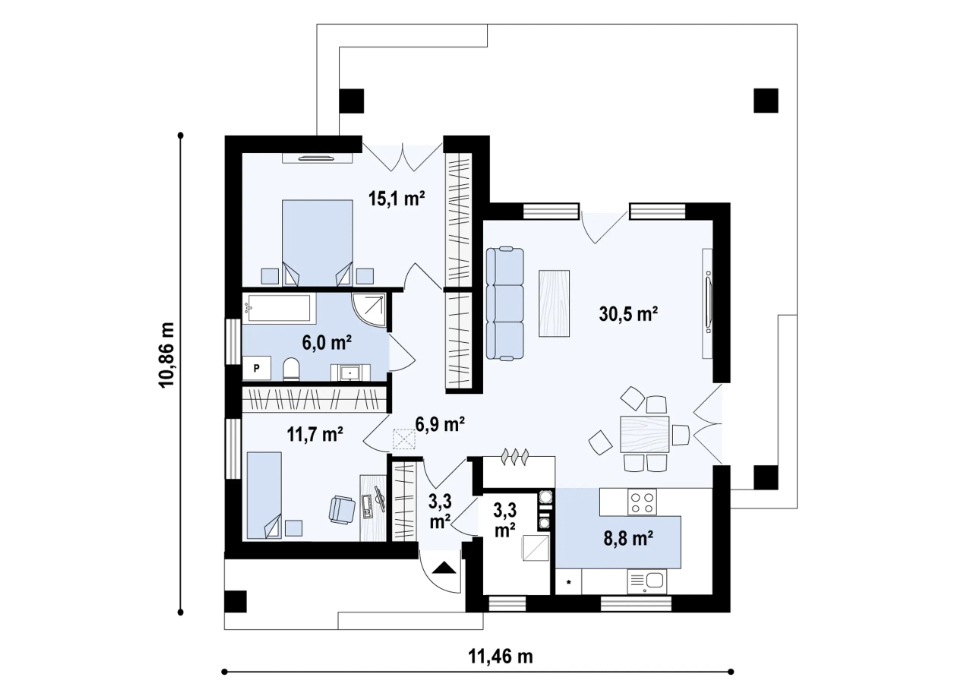 Sień – 3,3 m²
Hol – 6,9 m²
Kuchnia – 8,8 m²
Salon + jadalnia – 30,5 m²
Pokój – 11,7 m²
Łazienka – 6,0 m²
Pokój – 15,1 m²
Pomieszczenie gospodarcze – 0,0 m² / 3,3 m²