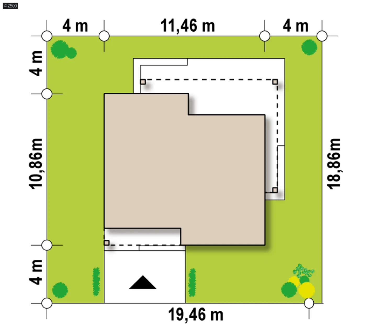 Minimalne wymiary działki
szerokość
19,46 m
długość
18,86 m
Wymiary elewacji frontowej
11,46 m