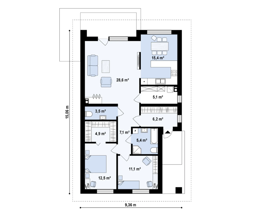 Sień – 6,2 m²
Hol – 7,1 m²
Kuchnia + jadalnia – 15,4 m²
Salon – 28,6 m²
WC – 3,5 m²
Garderoba – 4,9 m²
Pokój – 12,5 m²
Pokój – 11,1 m²
Łazienka – 5,4 m²
Pomieszczenie gospodarcze – 0,0 m² / 5,1 m²