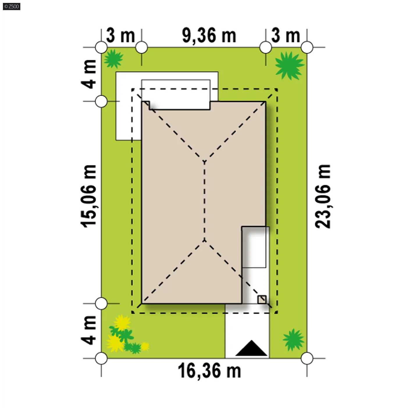 Minimalne wymiary działki
szerokość
16,36 m
długość
23,06 m
Wymiary elewacji frontowej
9,36 m