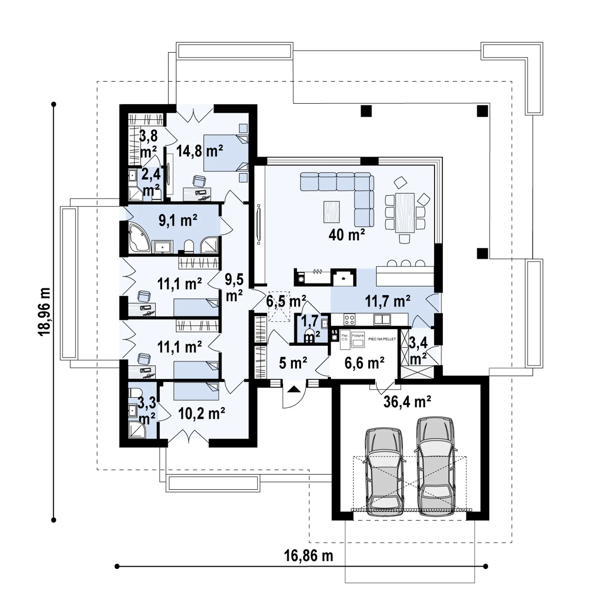 Sień – 5,0 m²
Hol – 6,5 m²
WC – 1,7 m²
Kuchnia – 11,7 m²
Salon + jadalnia – 40,0 m²
Spiżarnia – 3,4 m²
Hol – 9,5 m²
Pokój – 14,8 m²
Garderoba – 3,8 m²
Łazienka – 2,4 m²
Łazienka – 9,1 m²
Pokój – 11,1 m²
Pokój – 11,1 m²
Pokój – 10,2 m²
Łazienka – 3,3 m²
Pomieszczenie gospodarcze – 6,6 m²
Garaż – 36,4 m²