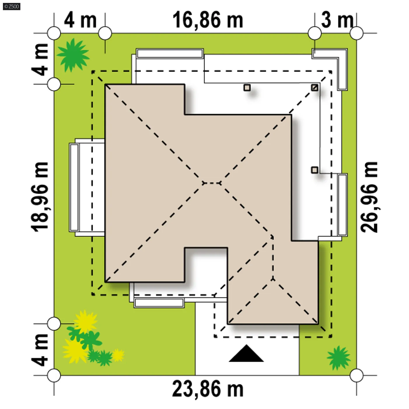 Minimalne wymiary działki
szerokość
23,86 m
długość
26,96 m