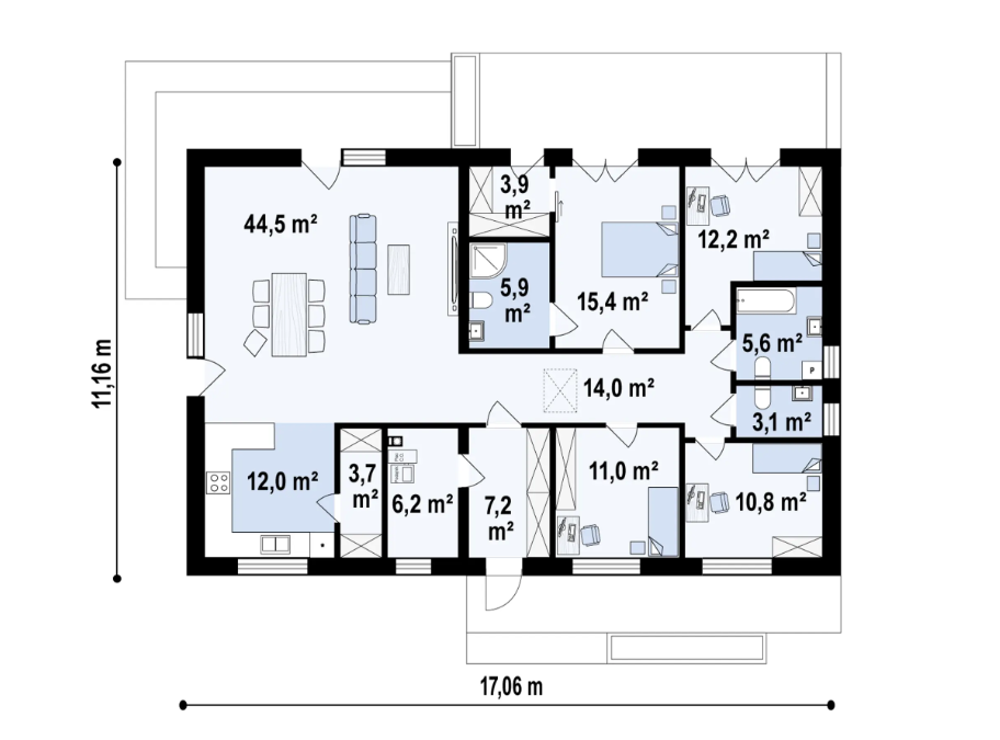 Garderoba – 3,9 m²
Hol – 14,0 m²
Kuchnia – 12,0 m²
Łazienka – 3,1 m²
Łazienka – 5,6 m²
Łazienka – 5,9 m²
Pomieszczenie gospodarcze – 0,0 m² / 6,2 m²
Pokój – 10,8 m²
Pokój – 11,0 m²
Pokój – 12,2 m²
Pokój – 15,4 m²
Salon – 44,5 m²
Sień – 7,2 m²
Spiżarnia – 3,7 m²