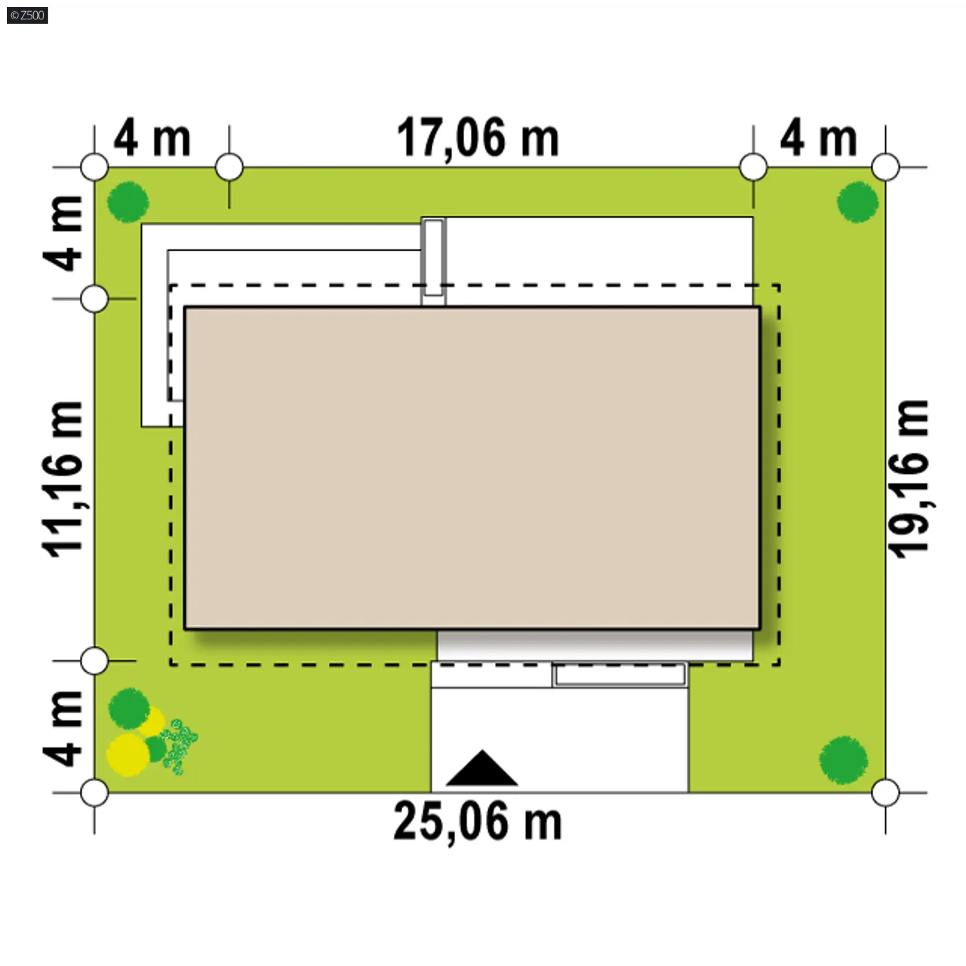 Minimalne wymiary działki
szerokość
25,06 m
długość
19,16 m
Wymiary elewacji frontowej
17,06 m